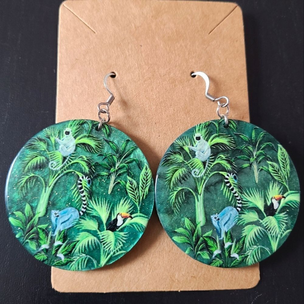 Large Round Acrylic Green Jungle Theme Dangle Earrings